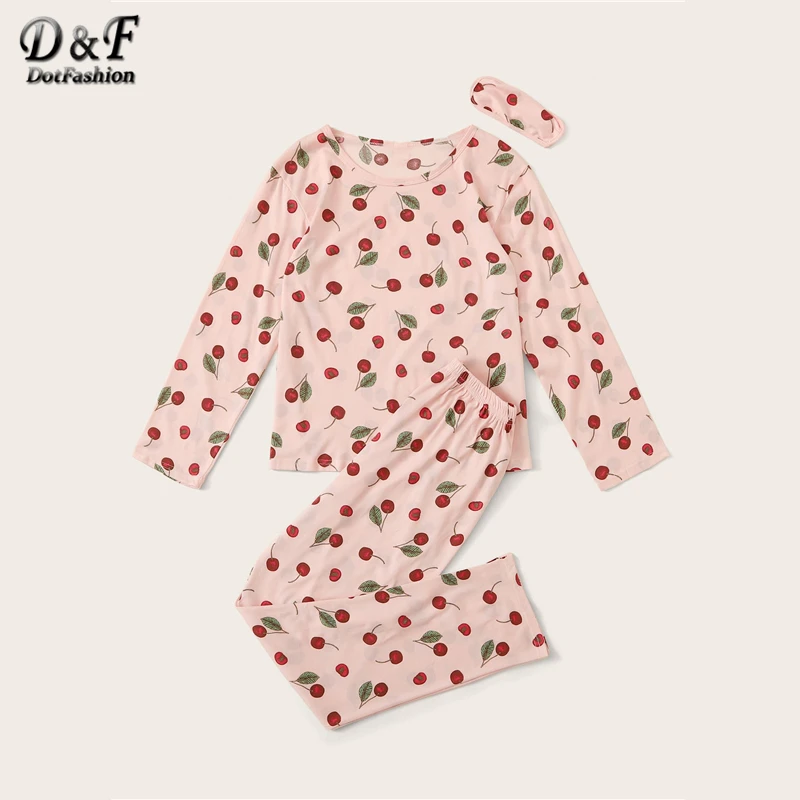 Dotfashion, розовый, вишневый, с принтом, пижамный комплект с маской для глаз, для женщин, осень, повседневные длинные штаны, пижамные комплекты, для девушек, милая домашняя одежда