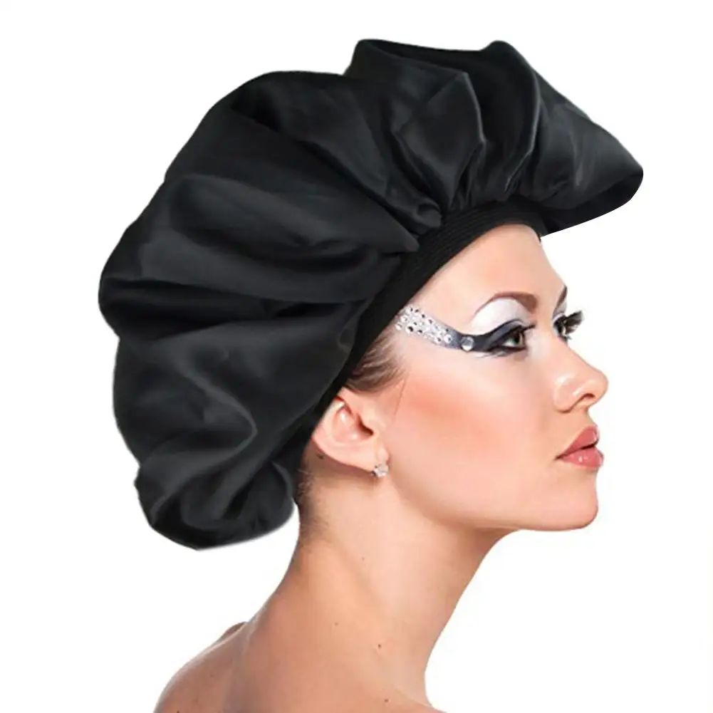 

Large Night Sleep Cap Hair Bonnet Cover Satin Wide Band Adjust Elastic Bonnet Hat For Curly Springy Hair Black Color Beauty Salo