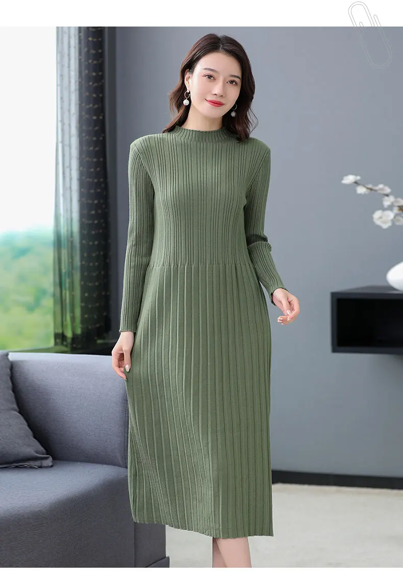 Осень, ранняя зима, женское шикарное вязаное платье, синее, бежевое, зеленое, длиной до середины икры, вырез лодочкой, рябь, вязанное цельное трикотажное платье, женские платья