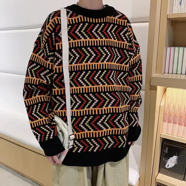 Black RUIHUO, новинка, Осень-зима, полосатый Повседневный свитер для мужчин, толстый вязаный пуловер для мужчин, модный бренд, мужские свитера, Вязанная одежда, M-2XL - Color: Black