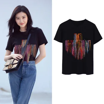 

2020 Spring Summer Women Round Neck Embroidery Fringe Tassel O Neck T-shirt