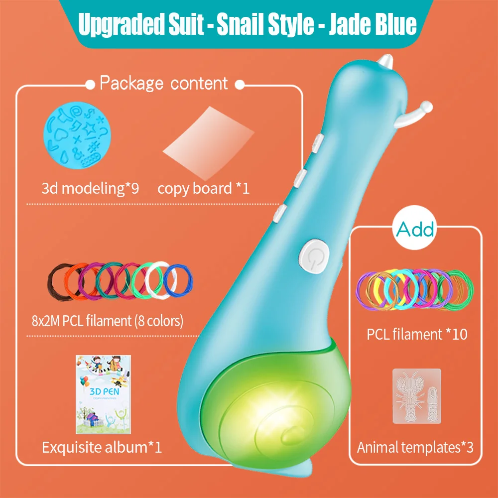 3D ручка оригинальная DIY 3D печать Ручка с 100 м нить из ПКЛ креативная игрушка образовательный подарок для детей день рождения дизайн рисунок - Цвет: Blue Snail-50m PCL
