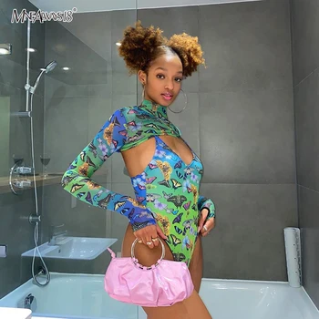 

Mnealways18 Butterfly Print Sexy Bodysuits Long Sleeve Hollow Out Rompers Womens Jumpsuit Turtleneck Bodysuit Casual 2020 Summer