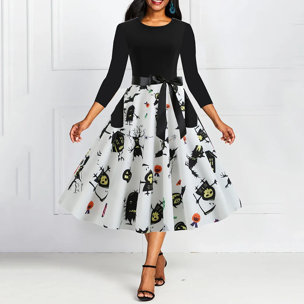 

2019 New Halloween Costume Skull Print Round Neck Mid-Calf Three-Quarter Sleeve Women's Party Dress Female Polyester Black Dress