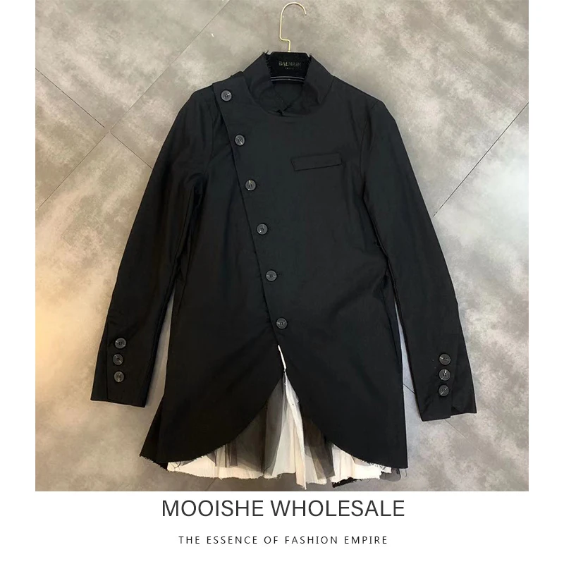 

2019 Autumn New Stand Collar Long Sleeve Single Row Button Multi-layer Mosaic Coat Female