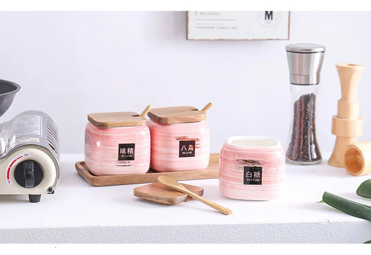 Ceramic Condiment Storage Jar Household Seasoning Pot Bamboo Tray Spice Jar Soy Sauce Box Salt Sugar Can Kitchen Organizer Tools