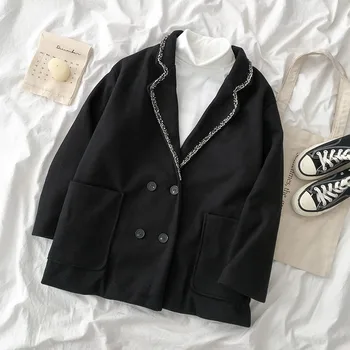 

Formal Black Suit Jacket Women Spring Casual V-neck Long Sleeve Plumule Wool Loose Coat Female Fashion Loose Outwear