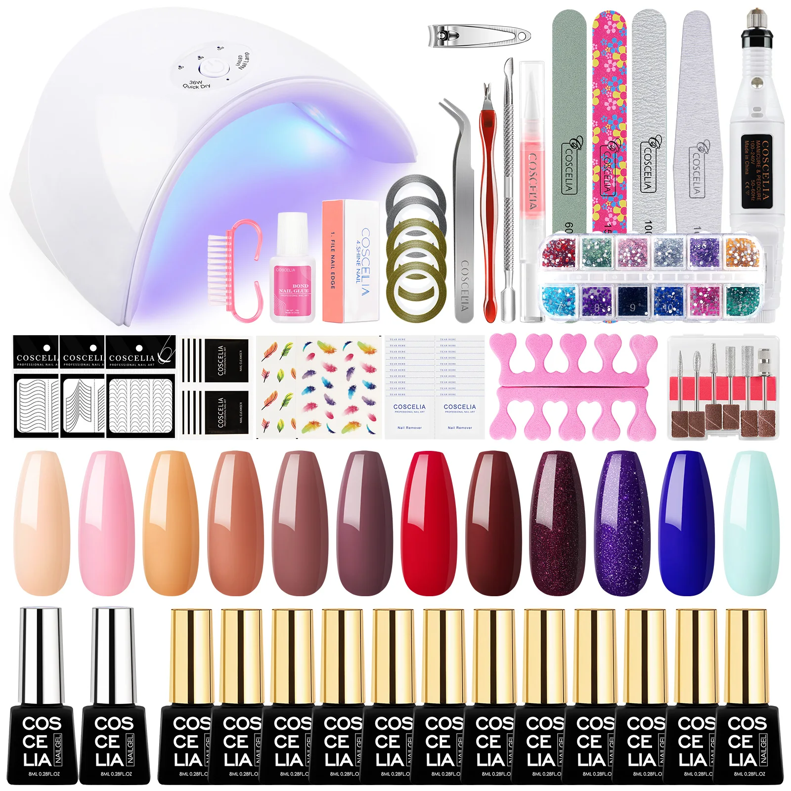 COSCELIA Manicure Kit Base Top Coat Nail Drill Machine Gel Polish Soak Off Art Design Tools UV LED Lamp Dryer | Красота и здоровье