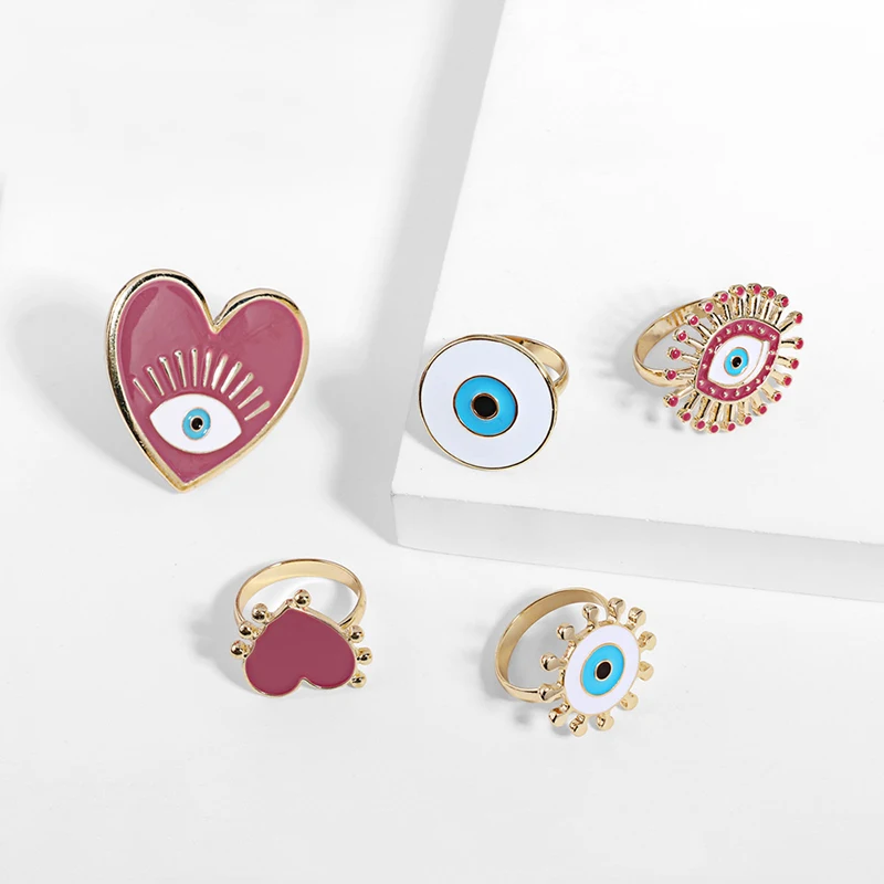 

2019 New Red Heart Enamel Glaze Fireworks Shape Ring Blue Devil's Eye Gold Metal Punk Finger Rings For Women Girls Party Jewelry
