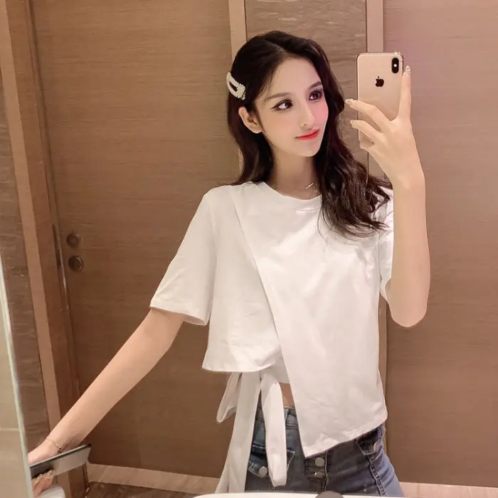 

2020 new summer retro Hong Kong flavor minority irregular tie t-shirt female student short sleeve loose top
