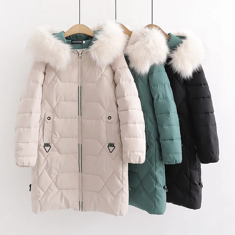 

19 Winter New Style Korean-style Elegant Casual Mid-length Side Edge Drawstring Zipper Fur Collar Hooded Warmth Retention Materi