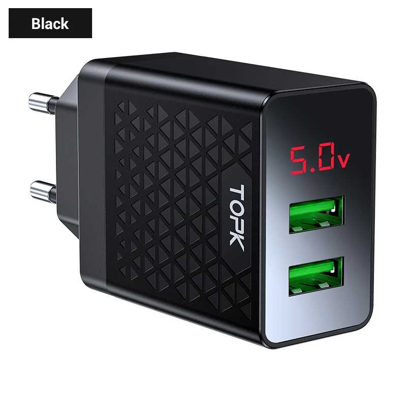 TOPK USB зарядное устройство 2 порта светодиодный цифровой дисплей смарт-зарядное устройство для мобильного телефона для iPhone samsung Xiaomi huawei настенный адаптер для путешествий - Тип штекера: Black