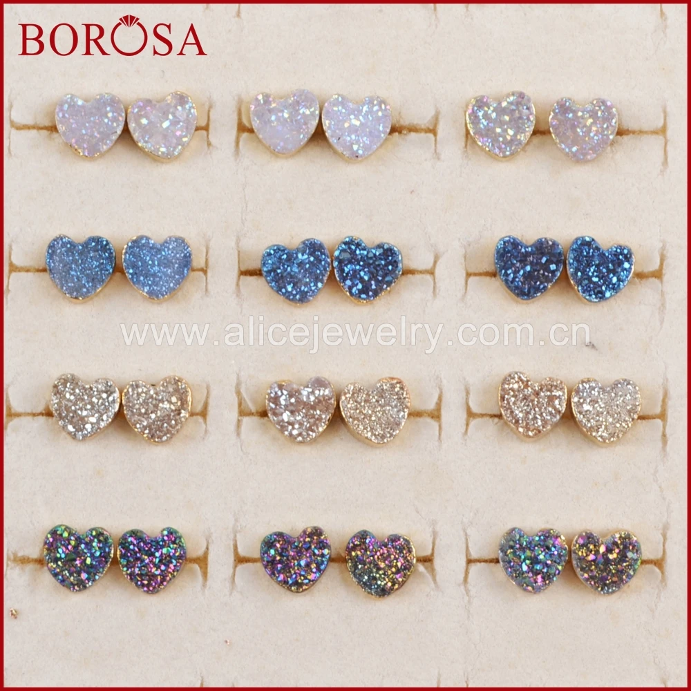 

BOROSA Love Heart Natural Drusy Crystal Studs Earrings Titanium Rainbow Druzy Stud Jewelry in Gold Fashion Women Gifts G1328