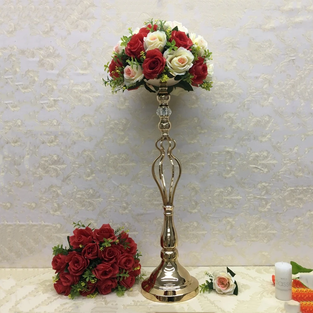 

10 PCS/ Lot Metal Golden Candle Holder Wedding Table Vase Home Party Pot Centerpiece Crystal Flower Rack Vases For Decoration