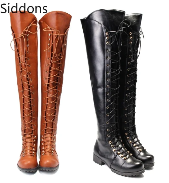 

Fashion Women Over The Knee High Boots Lace Up Bandage Gladiator Shoes Thigh High Combat Low Heel Flat Botas Mujer Invierno D08