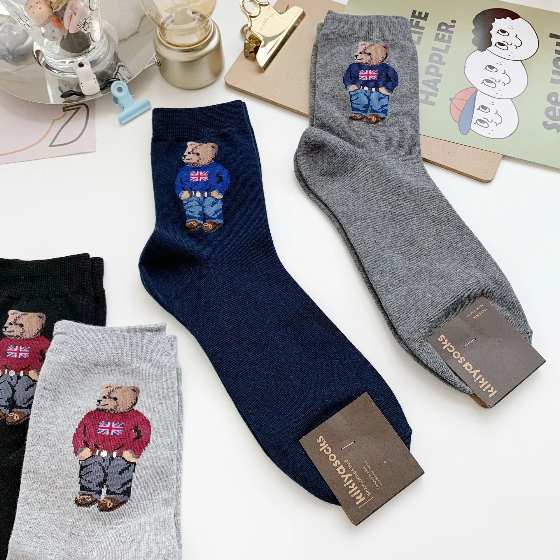 1 Pair Cartoon Gentleman Bear Men's Socks Comfortable Harajuku Skateboard Breathable