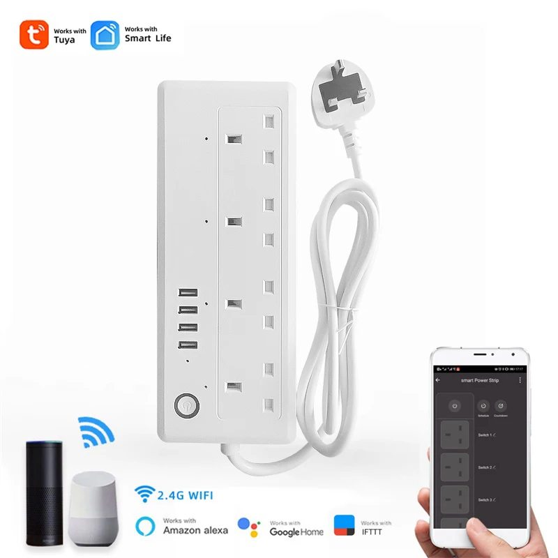 

Умный удлинитель с 4 розетками переменного тока, 4 USB-порта для зарядки