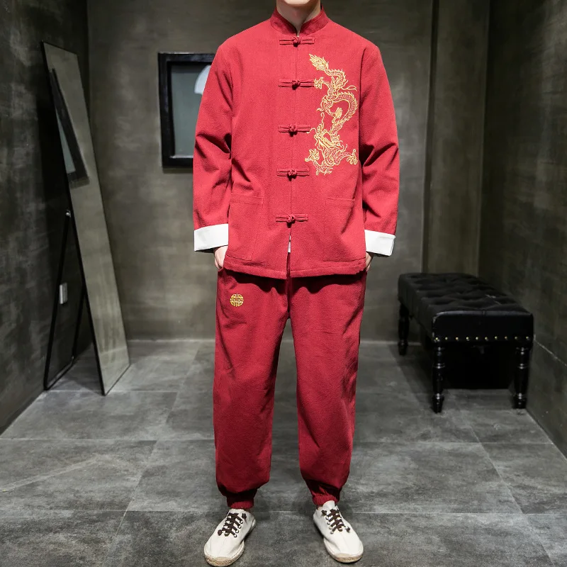 

2020 Spring New Chinese style Cotton and linen Embroidery pattern Tang Costume hanfu Leisure Youth men Big code red sets