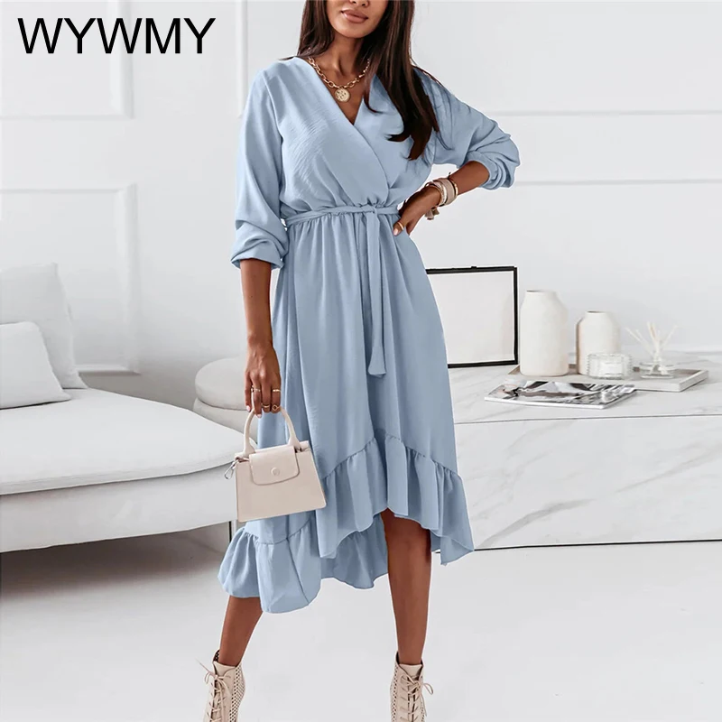 

WYWMY Новое Элегантное платье с оборками, сексуальное модное женское платье миди с V-образным вырезом, однотонные платья с разрезом сбоку и поясом, весна-осень