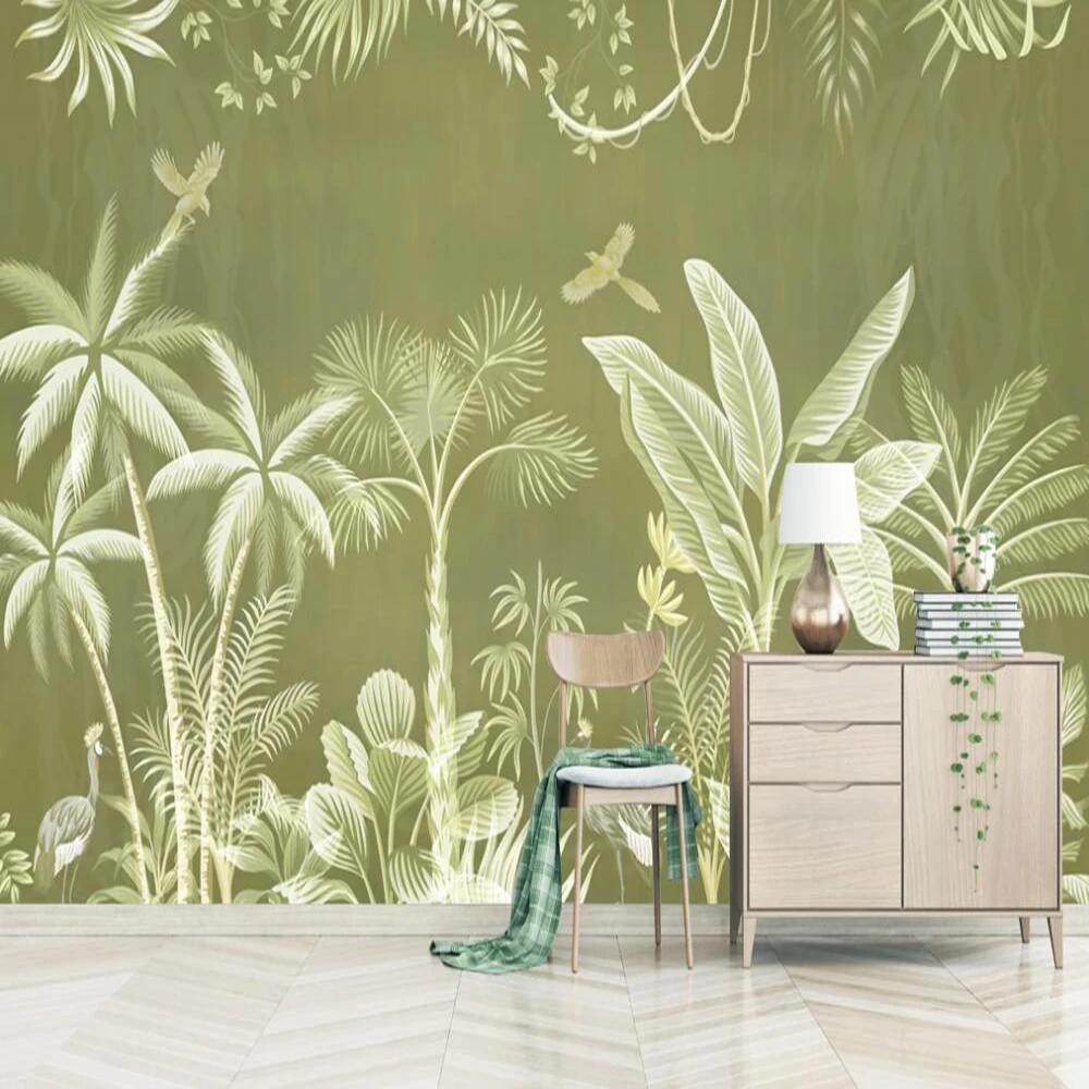 

Drop Shipping Custom Large Wallpaper Mural Nordic Minimalist Hand-painted Tropical Plant Big Bird Wall Decoration Painting