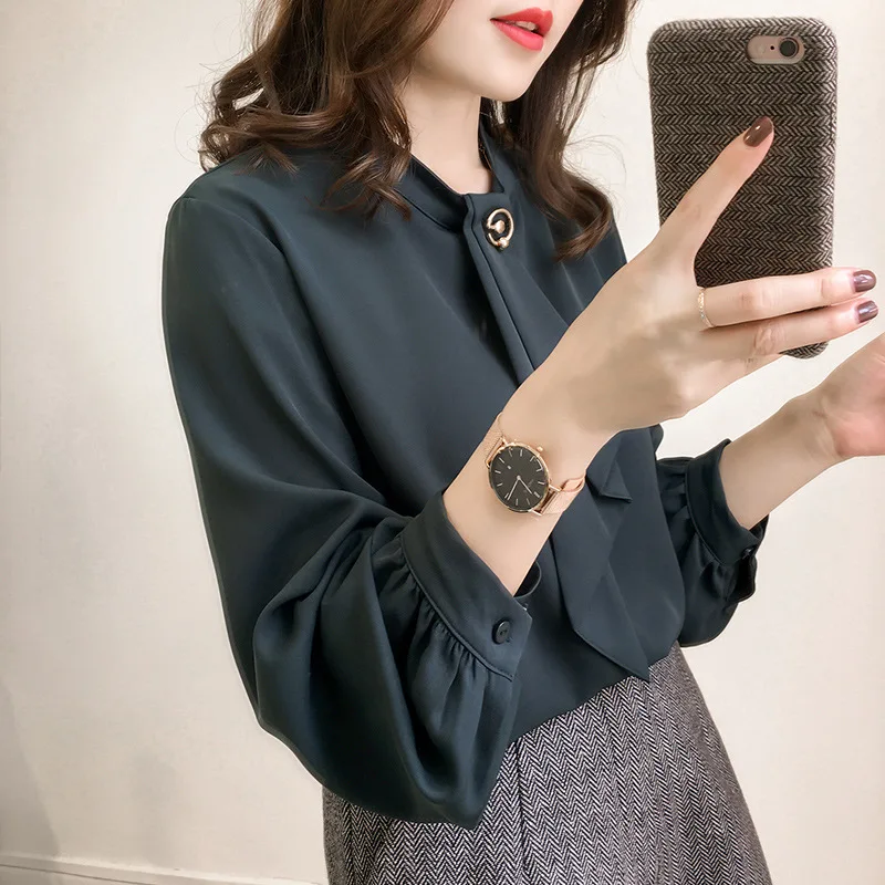 

2019 Autumn Clothing New Style Korean-style Sweet Fashion Solid Color Lantern Sleeve Chiffon Shirt Female Fat Mm Long Sleeve Loo
