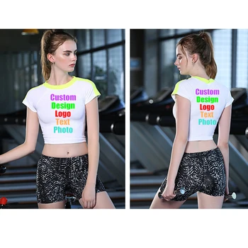 

Custom Logo Printed Text Photo Ladies Navel Baring Running Quick Dry Breathable Top Sport Shirt Short Sleeve Summer Yoga Fitness