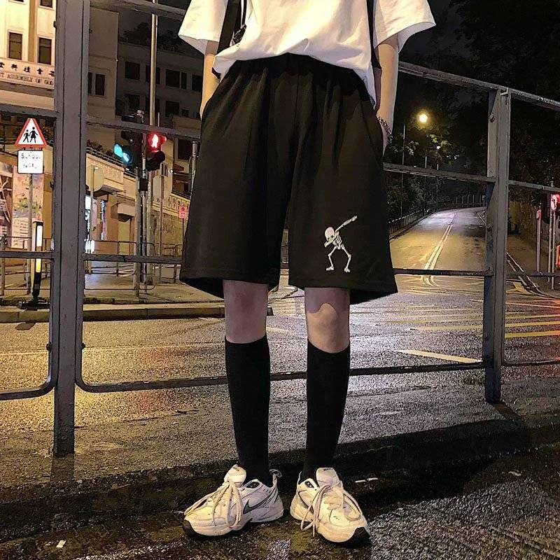 NiceMix Кейл Хлопок Скелет вышитые шорты Harajuku BF повседневные студенческие спортивные шорты унисекс Мода