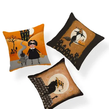 

Cartoon Cute Pillowcase Halloween Black Cat Skull Square Throw Pillow Home Decoration Sofa Polyester Linen Large Cushion Cover