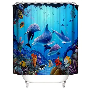 

4PCS/Set Sea World Dolphin Shower Curtain Bath Curtain Waterproof GXMA
