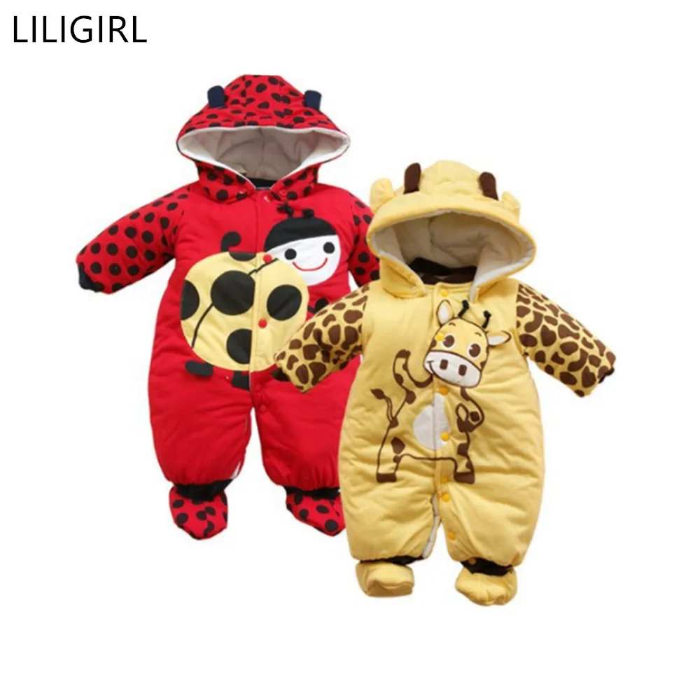 LILIGIRL хлопок на осень и зиму для маленьких девочек и мальчиков, комбинезон, с мультяшным изображением, для детей, одежда для новорожденных, милые овечьей шерсти, утепленные, легкие, с капюшоном, замок-молния, украшены рисунками комбинезоны одежда для малышей
