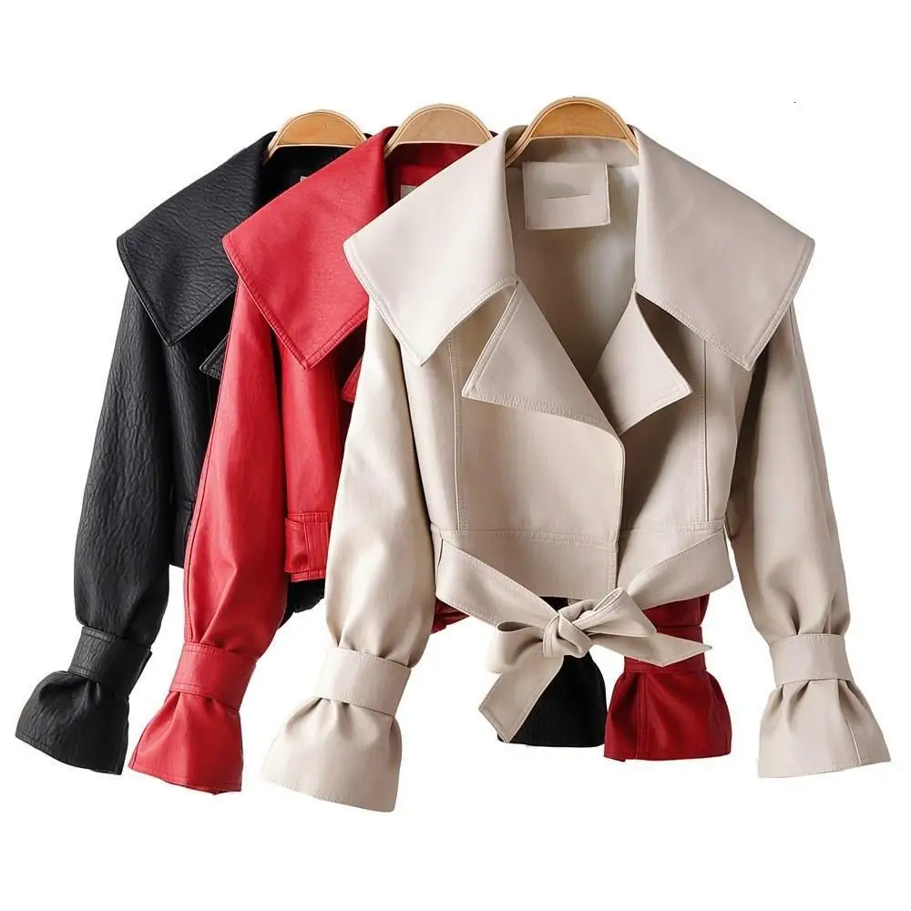High Street Lapel Bow Frenulum Leather Jacket Women Clothing Autumn Females Locomotive Pu Leather Short Coats
