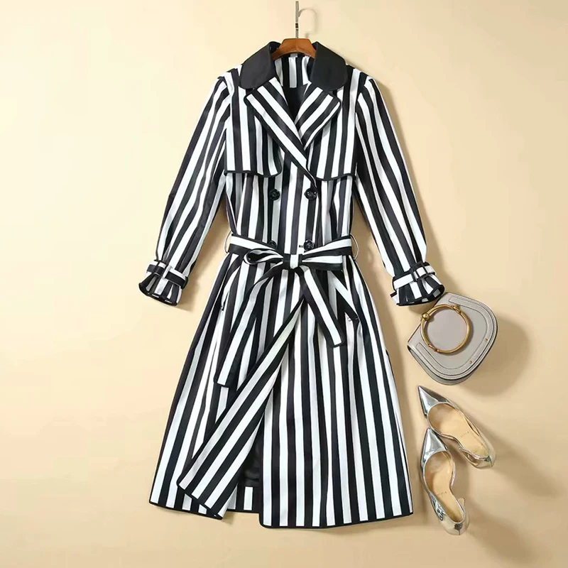 

VERDEJULIAY Runway High Quality Trench Women 2020 Fashion New Full Sleeve Belt Striped Print Long Button European Trench