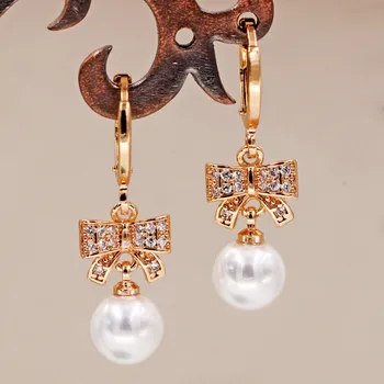 

Gold pleated pearl bowknot earrings for Women's earrings with white Zircon Dangle Earrings Wedding Jewelry accessorie Gift