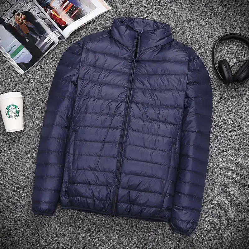 Stand collar navy Модная мужская легкая пуховая куртка на осень и зиму, Тонкая Повседневная куртка с капюшоном, Мужская однотонная ветровка большого размера, верхняя одежда 5XL - Цвет: Stand collar navy