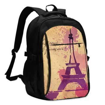 

Backpack USB Charge Women Grunge Elegance Ink Splash Eiffel Tower Backpack Letters Print School Bag Teenager Girls Backpack