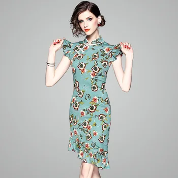 

Chinese Style Women Summer Fashion Stand Collar Printed Short Sleeve With Ruffles Asymmetrical Dress Ladies Slim Elegant Dresses