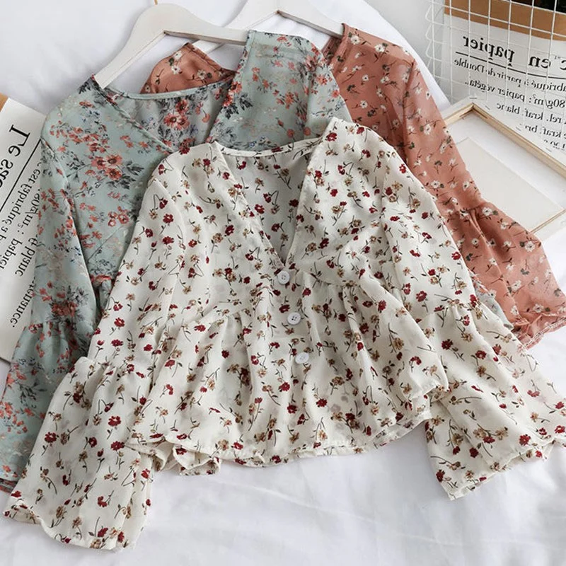 long sleeve tops 2021 Spring Summer  Pleated Floral Print Chiffon Lace Up Blouses Casual Puff Sleeve Square Collar Chiffon Shirts WomenTop women's denim shirts & tops