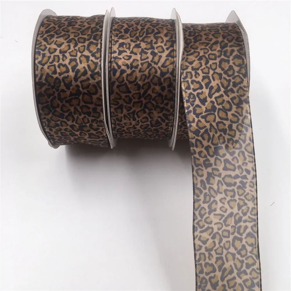 

38MM Wired Edge Organza Printed Leopard Ribbon for Birthday Decoration Chirstmas Gift DIY Wrapping 25yards 1-1/2" N1122