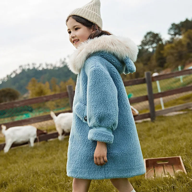 Sky Blue Пальто для девочек, зимняя куртка, новинка года, детская толстая верхняя одежда из овечьей шерсти с удлиненным мехом - Цвет: Sky Blue