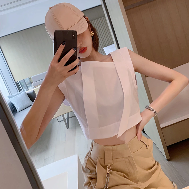 CHICEVER перспектива нерегулярная женская рубашка косой воротник без рукавов блузки в Корейском стиле для женщин Летняя мода Новинка