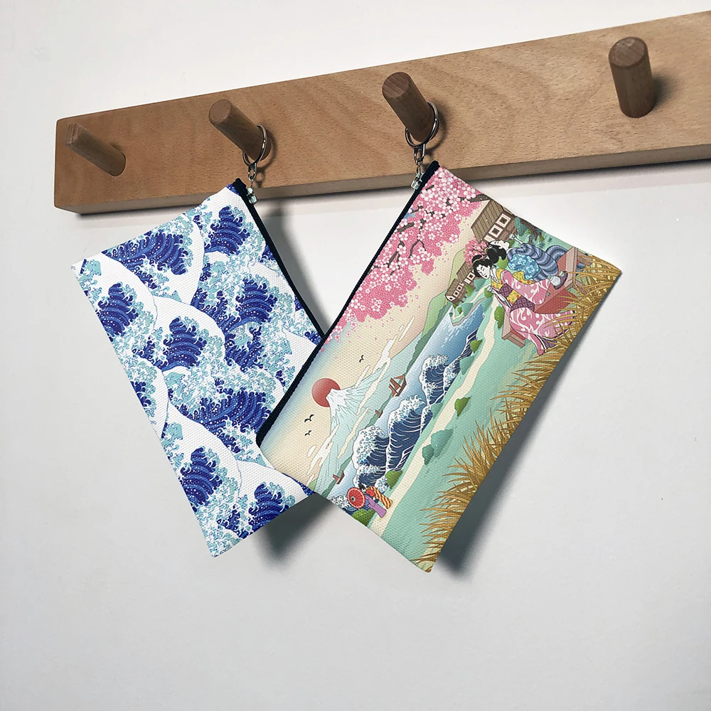 New Fashion Mini Canvas Coin Purse Ukiyoe Waves Portable Clutch Bag Party Cosmetic Bag Lipstick Daily Use Storage For Women