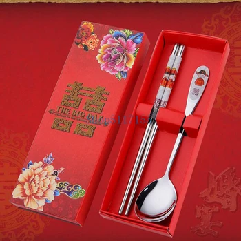 

50 pcs/lot Stainless Steel Dinnerware Double Happiness Red Color Spoons Chopstick Sets Wedding Party Gifts For Guest