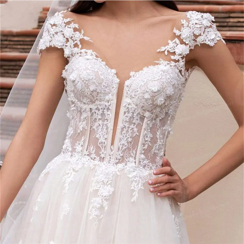 Sweetheart Puffy Sleeve Wedding Dress For Women Pleats Split Lace Up A-Line Tulle  Robe De Mariee Bridal Gowns Vestido De Noiva bridal gowns