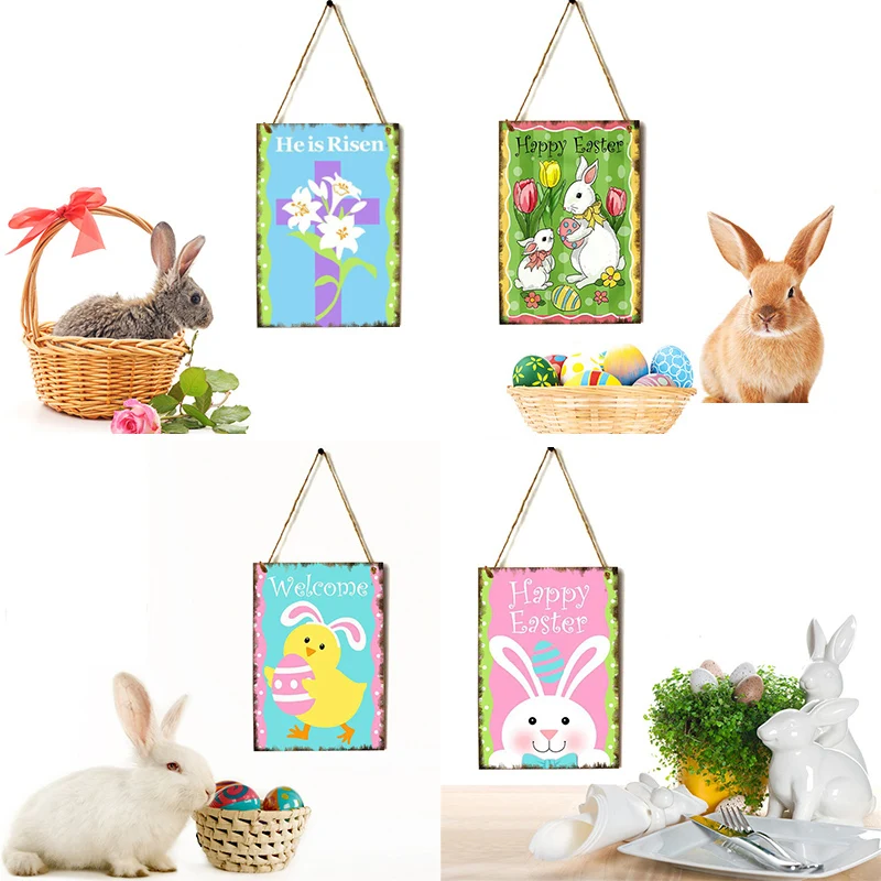 Happy Easter Hanging Sign Ornament Bunny Plaque Cross DIY Wood Crafts Home Decor 