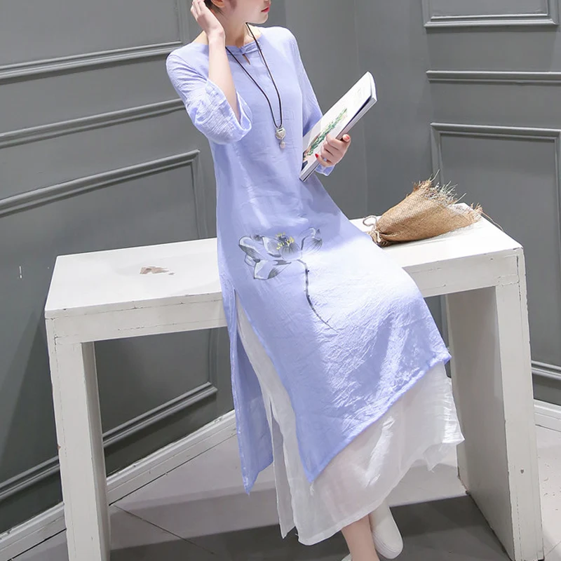 summer vintage Floral Pleated long dress women white Loose Cotton and Linen dress Chinese Style Linen long dress women
