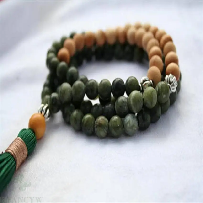 

8mm Sandalwood Green jade 108 Beads Tassels Mala Necklace Bless Meditation Wristband Lucky Fancy chain MONK Handmade Gemstone