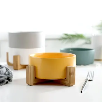 

Pets Bowl Dog Cat Food Water Feeder Puppy Ceramic Drinking Dish Bowl With Wooden Rack Pet Cat Tableware Kitten Dish Cat Bowl