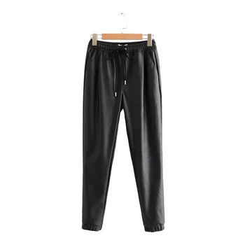 

Women Chic PU Leather Pants Solid Elastic Waist Drawstring Tie Pockets Female Basic Elegant Trousers