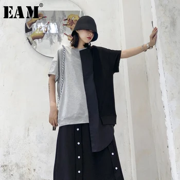 

[EAM] Women Gray Contrast Color Asymmetrical Big Size T-shirt New Round Neck Short Sleeve Fashion Tide Spring Summer 2020 1T770