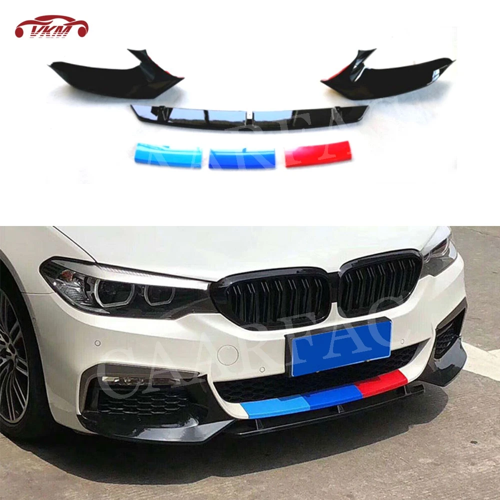 

ABS Piano Black Front Bumper Lip Spoiler Splitters With 3 Colorful Strips for BMW 5 Series G30 G31 M Sport 2017 2018 2019